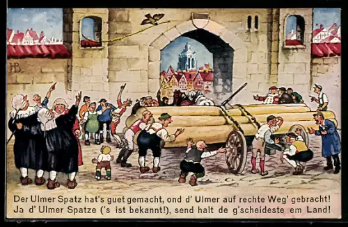 Künstler-AK Ulm, Stadttypische historische Szene Der Ulmer Spatz