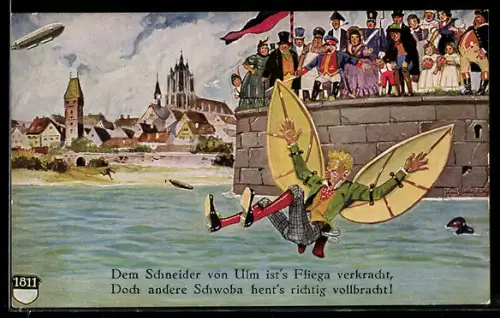 Künstler-AK Ulm a. D., Schneider von Ulm, Donau, Zeppelin