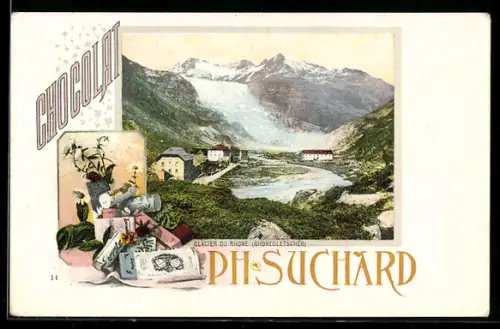 AK Werbung für Ph. Suchard mit Dorf vor Alpenpanorama und breitem Flussbett