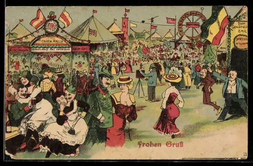 Lithographie Volksfest, Festplatz mit Schiess-Halle, Riesenrad, Wirt setzt Betrunkenen an die Luft