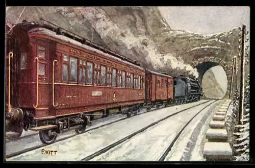 Künstler-AK österreichische Eisenbahn auf verschneiter Strecke
