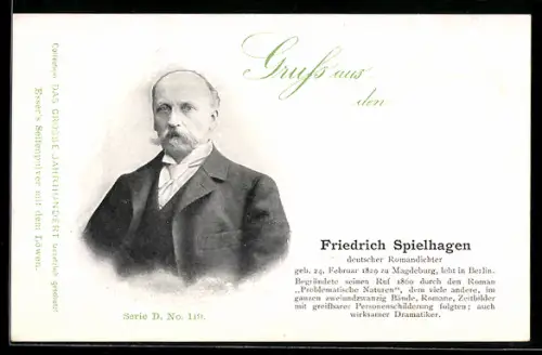AK Romandichter Friedrich Spielhagen, Portrait, geb. 24.02.1829, Vers