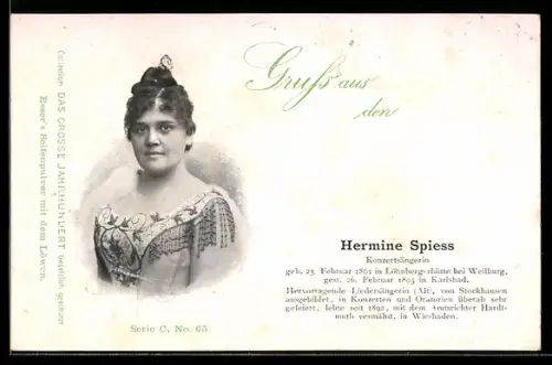 AK Opernsängerin Hermine Spiess, Konzertsängerin und hervorragende Liedsängerin