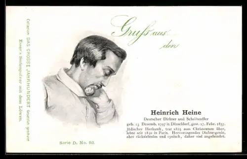 AK Dichter Heinrich Heine, Portrait und Lebenslauf