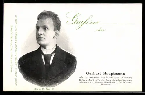 AK Gerhart Hauptmann, Bedeutender Schriftsteller, geb. 1862
