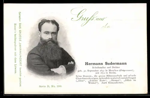 AK Schriftsteller und Dichter Hermann Sudermann, Portrait mit Villbart, geb. 1857, Vers