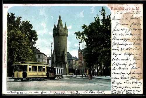 AK Frankfurt a. M., Eschenheimer Turm mit Strassenbahn