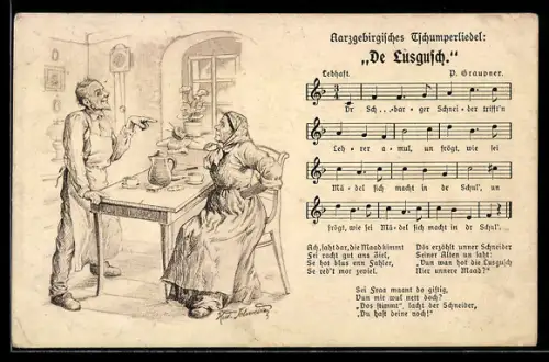 AK Lied: P. Graupner: De Lusgusch, altes Ehepaar am Tisch