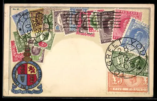 AK verschiedene englische Briefmarken, Wappen