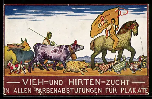 AK Bern, Elevage d`Animaux et Bergers de toutes Nuances pour Affices, Bauer mit Tieren auf der Landstrasse, Reklame