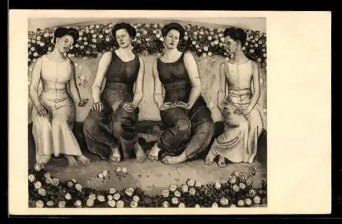 Künstler-AK Ferdinand Hodler: Heilige Stunde, Damen sitzen zwischen Blumen