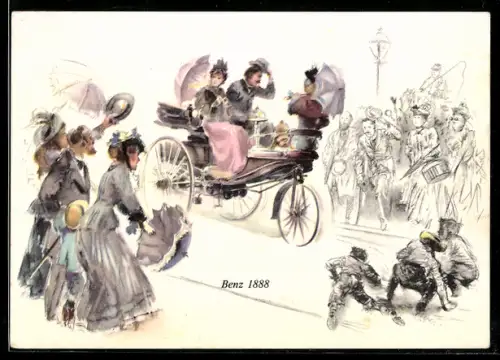 Künstler-AK Frühes Benz-Automobil von 1888 ist die Sensation auf den Strassen