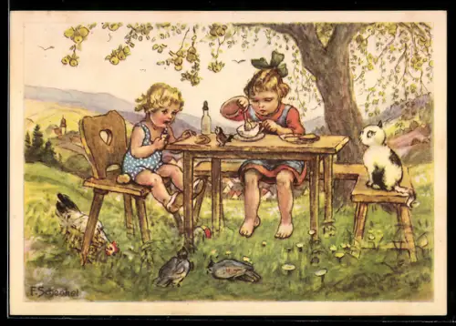 Künstler-AK Franziska Schenkel: Zwei Kinder mit Katze am Gartentisch