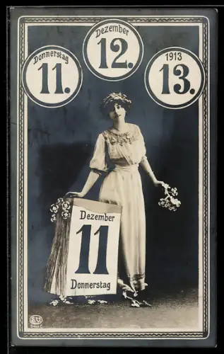 AK besonderes Datum 11.12.13, junge Dame mit Kalenderblatt