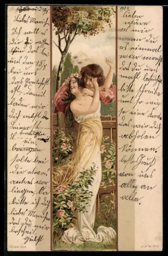 AK Liebespaar im Garten, Mädchen mit nackten Schultern, Jugendstil