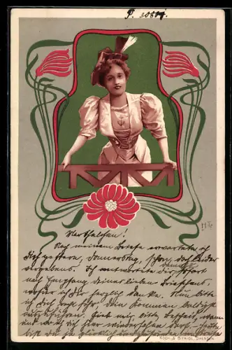 Künstler-AK Frau mit Hut und Anker auf der Bluse, Jugendstil-Ornamentik