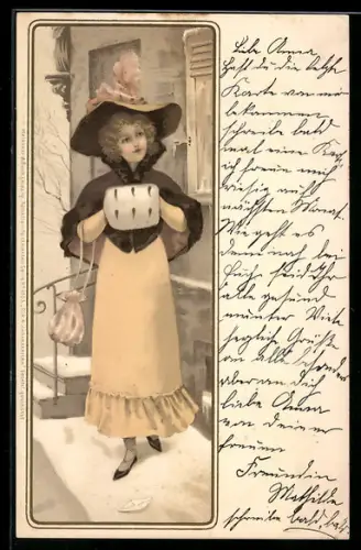 Künstler-AK Meissner & Buch (M&B) Nr.1053: junge Dame im gelben Kleid mit Hut und Muff