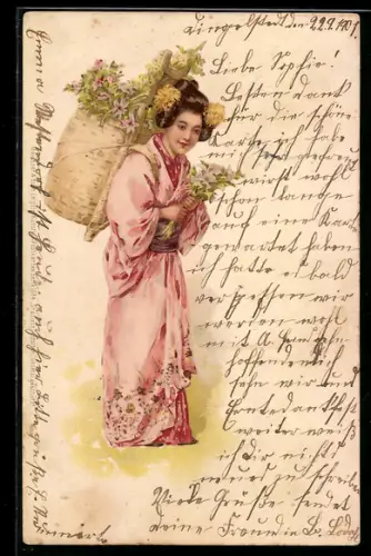 Künstler-AK Meissner & Buch (M&B) Nr. 1084: Geisha trägt einen Korb mit Blumen