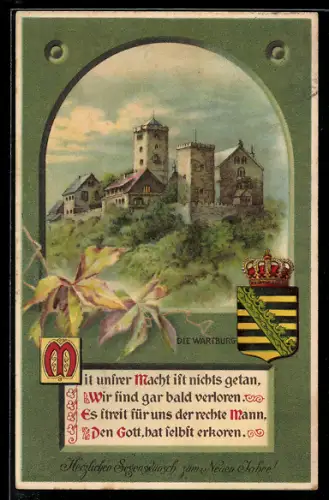 AK Wartburg und Wappen, Neujahrsgruss