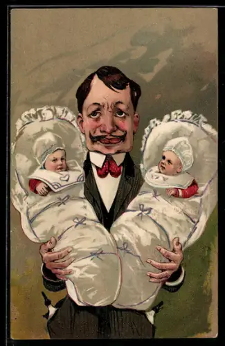 AK Mann mit zwei Babys auf dem Arm, Emanzipation