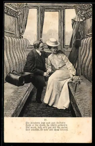 AK Liebespaar hält Händchen in einem Eisenbahnabteil