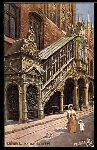 Künstler-AK Lübeck, Spaziergänger vor der Rathaustreppe
