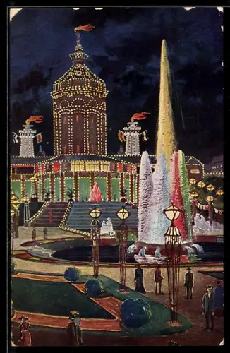 Künstler-AK Mannheim, am Wasserturm mit der Leuchtfontaine