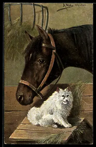 Künstler-AK M.Müller jun.: weisser Hund und schwarzes Pferd