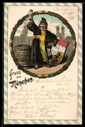 Lithographie München, Münchner Kindl mit Bierkrug und Wappen, Im Hintergrund Kirche