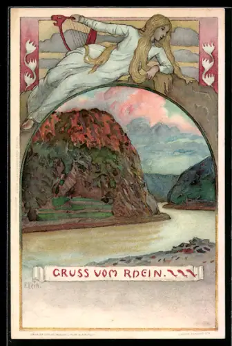 Künstler-AK Franz Hein: Idyll am Rhein, Nixe mit Lyra