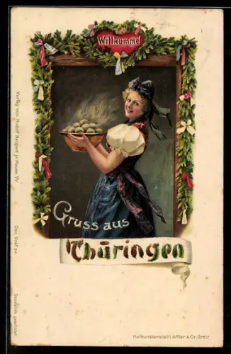 Lithographie Thüringerin in Volkstracht mit Klössen