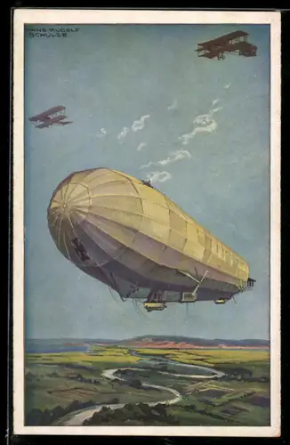 Künstler-AK Hans Rudolf Schulze: Zeppelin und zwei Flugzeuge in der Luft