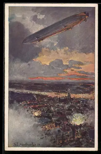 Künstler-AK Themistokles von Eckenbrecher: Antwerpen, Ortsansicht mit über der Stadt fliegendem Zeppelin