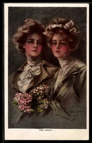 Künstler-AK Philip Boileau: The Twins, Zwillinge, Mädchen mit Blumenstrauss