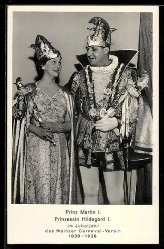 AK Mainz, Prinz Martin I. und Prinzessin Hildegard I. im Jubeljahr des Mainzer Carneval-Verein 1838-1938