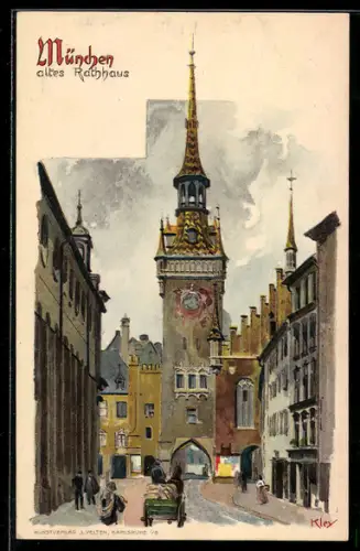 Künstler-Lithographie Heinrich Kley: München, Altes Rathaus mit Passanten, Pferdegespann