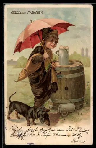 AK Münchner Kindl mit Regenschirm und Dackel an einem Bierfass