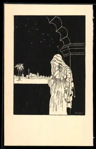Künstler-AK sign. F. H. Rauleder: Eine Frau steht im Torbogen in der Nacht