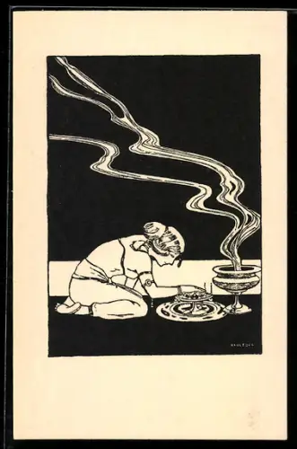 Künstler-AK sign. F. H. Rauleder: Kniende Inderin vor dem dampfenden Kessel