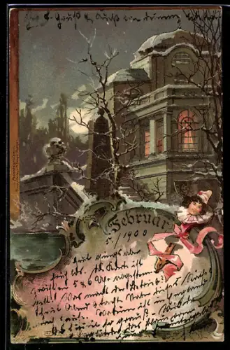 Künstler-AK T.Guggenberger: Allegorie Februar, Harlekin, Festliches Haus