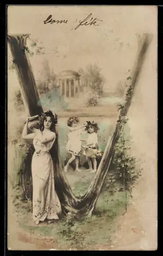 Foto-AK NPG Nr. 195: Buchstabe V, Frau hält einen Krug auf der Schulter, Kinder mit Blumen