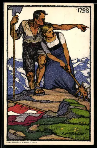 Künstler-AK Schweizer Bundesfeier 1913, Liebespaar auf einem Berg