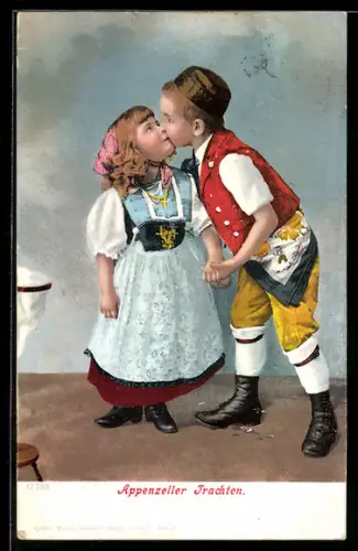 AK Kinderpaar küsst sich in Appenzeller Tracht