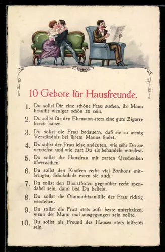 AK 10 Gebpte für Hausfreunde, Frau mit Liebhaber, Mann liest Zeitung