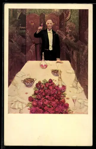 Künstler-AK M. Munk Nr. 455: Älterer Herr mit Glas an der Tafel