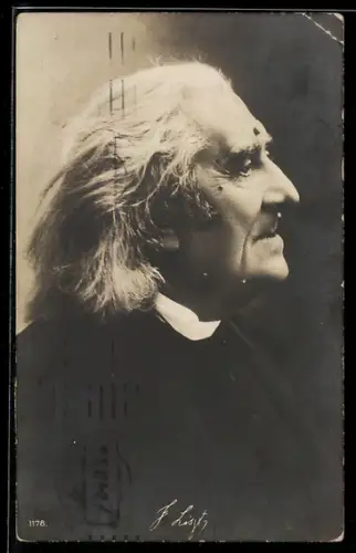 AK Franz Liszt, Portraitfoto des ungarischen Komponisten und Pianisten mit Signatur