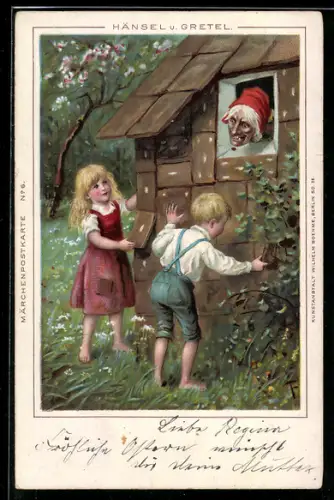 Künstler-AK Hänsel und Gretel am Hexenhaus