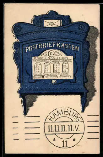 AK Briefkasten, Stempel mit Hamburg 11, Datum 11.11.1911