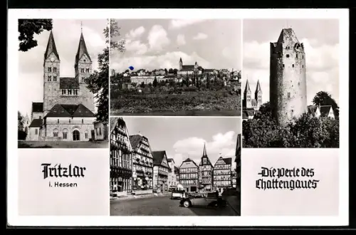 AK Fritzlar i. Hessen, Kirche, Turm, Strassenpartie