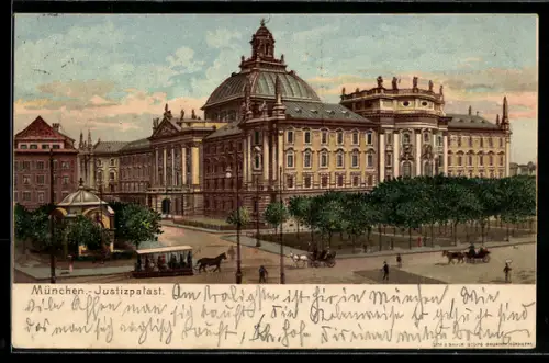 Lithographie München, Strassenansicht mit Justizpalast